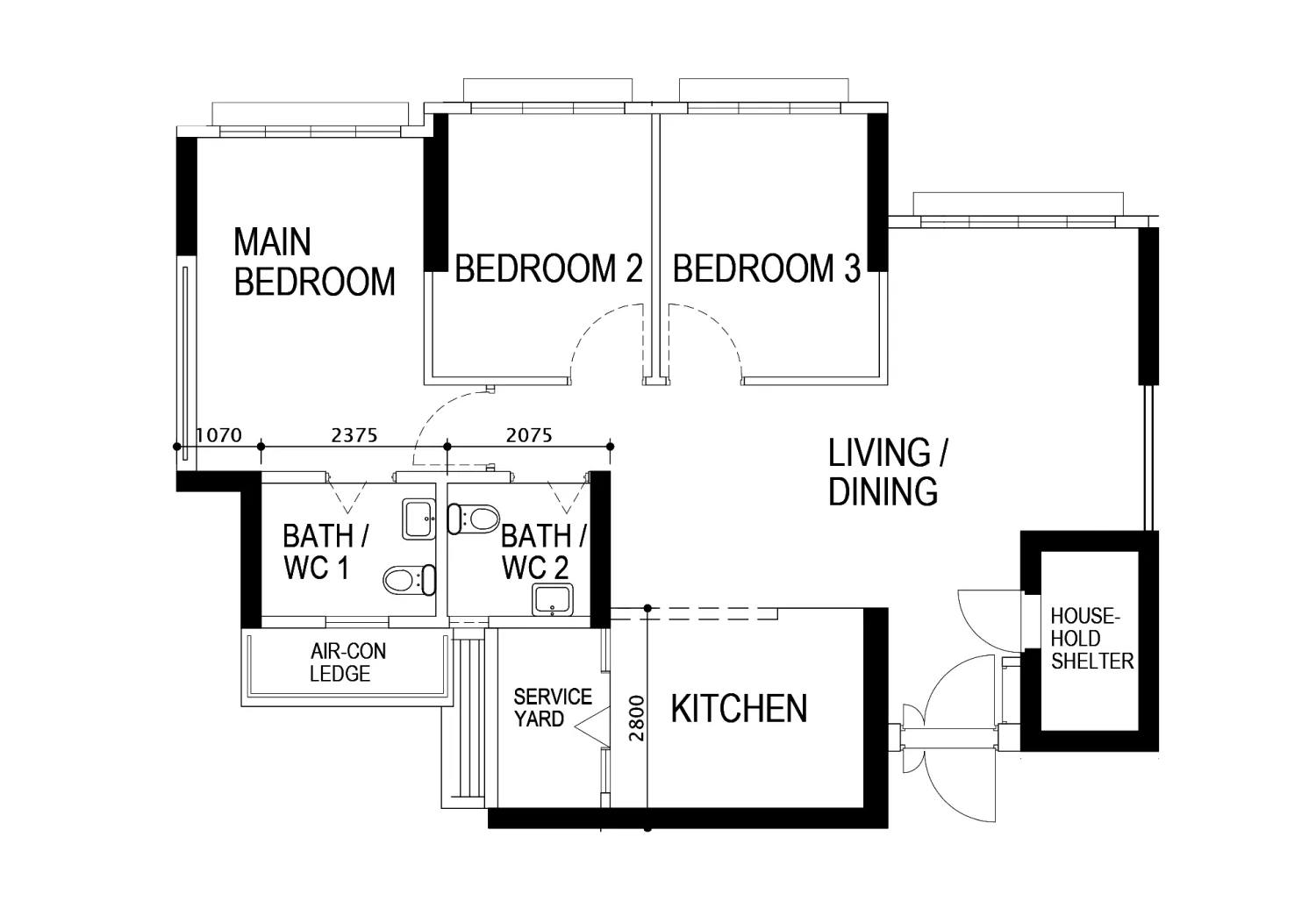 Apartment floor plan marked up for renovation planning